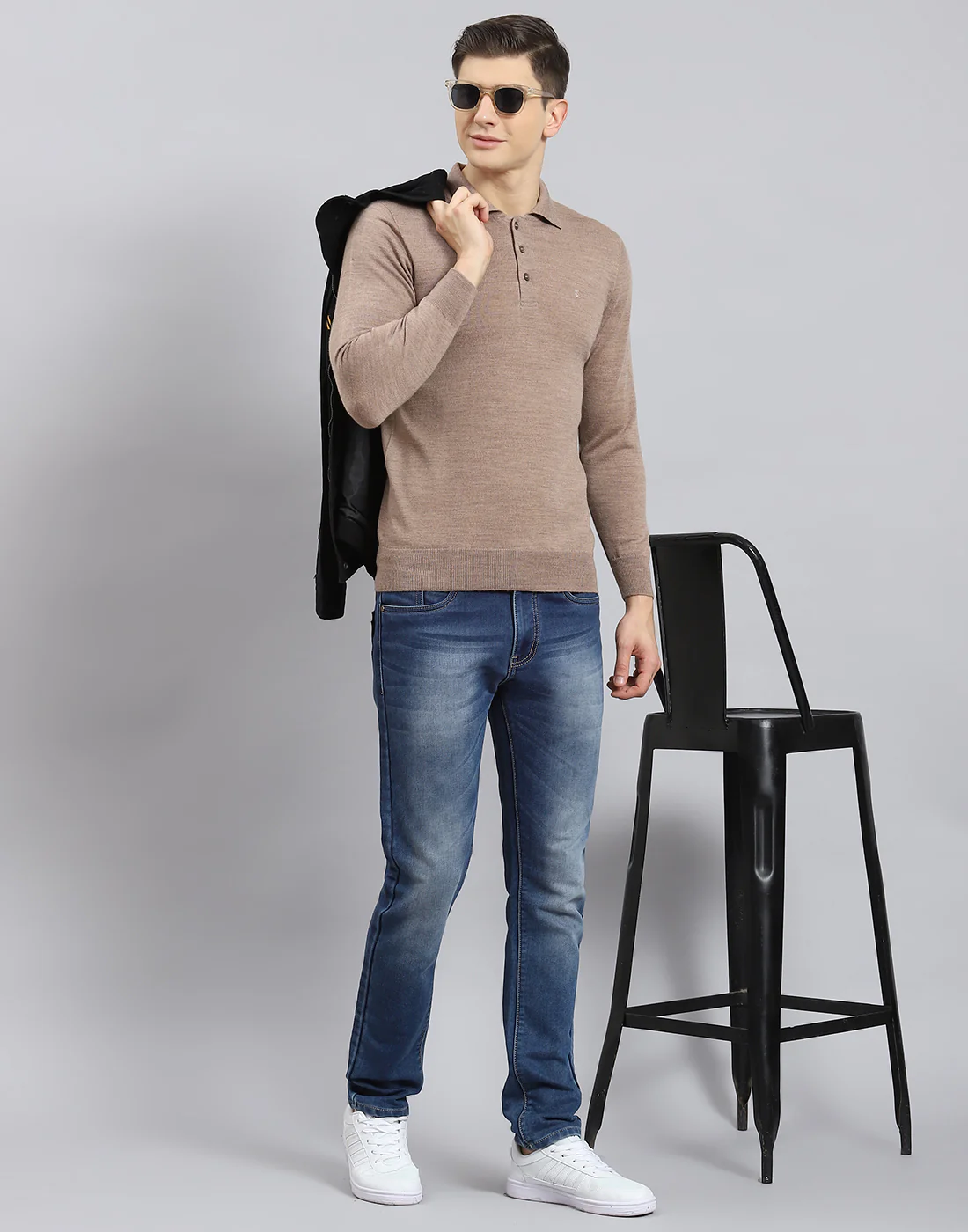 Men Brown Solid Polo Collar Full Sleeve T-Shirt - Image 7
