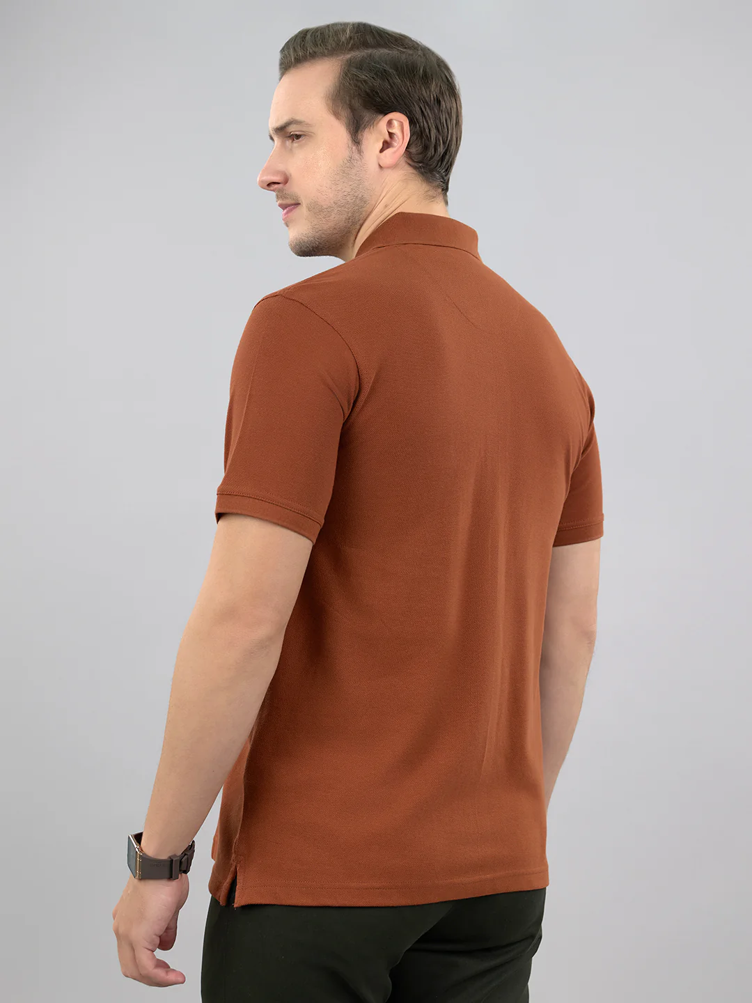 Men Brown Solid Polo Collar Half Sleeve T-Shirt - Image 3