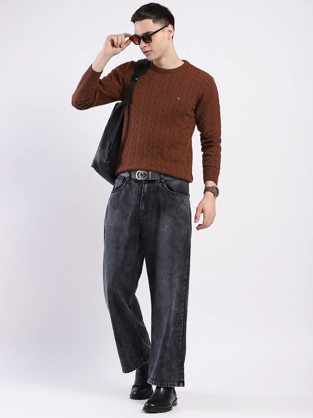 Men Brown Solid Round Neck Full Sleeve Pullover - Image 2