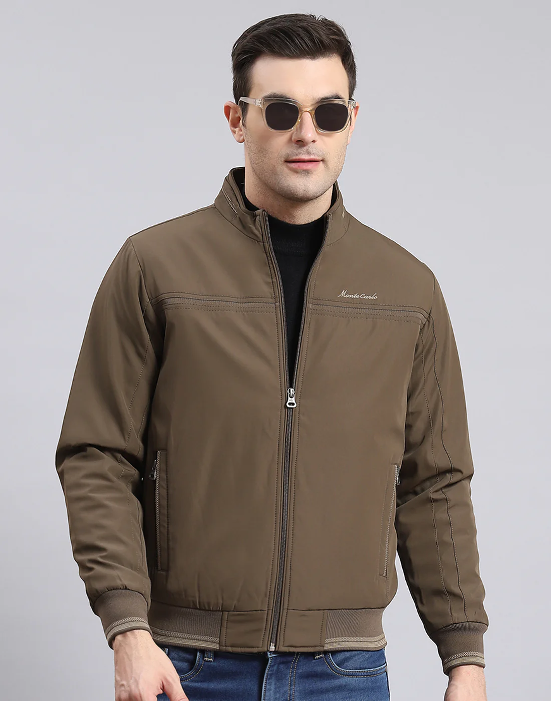 Men Brown Solid Stand Collar Full Sleeve Jacket - Image 2