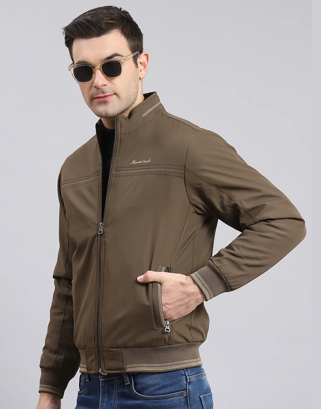 Men Brown Solid Stand Collar Full Sleeve Jacket - Image 3