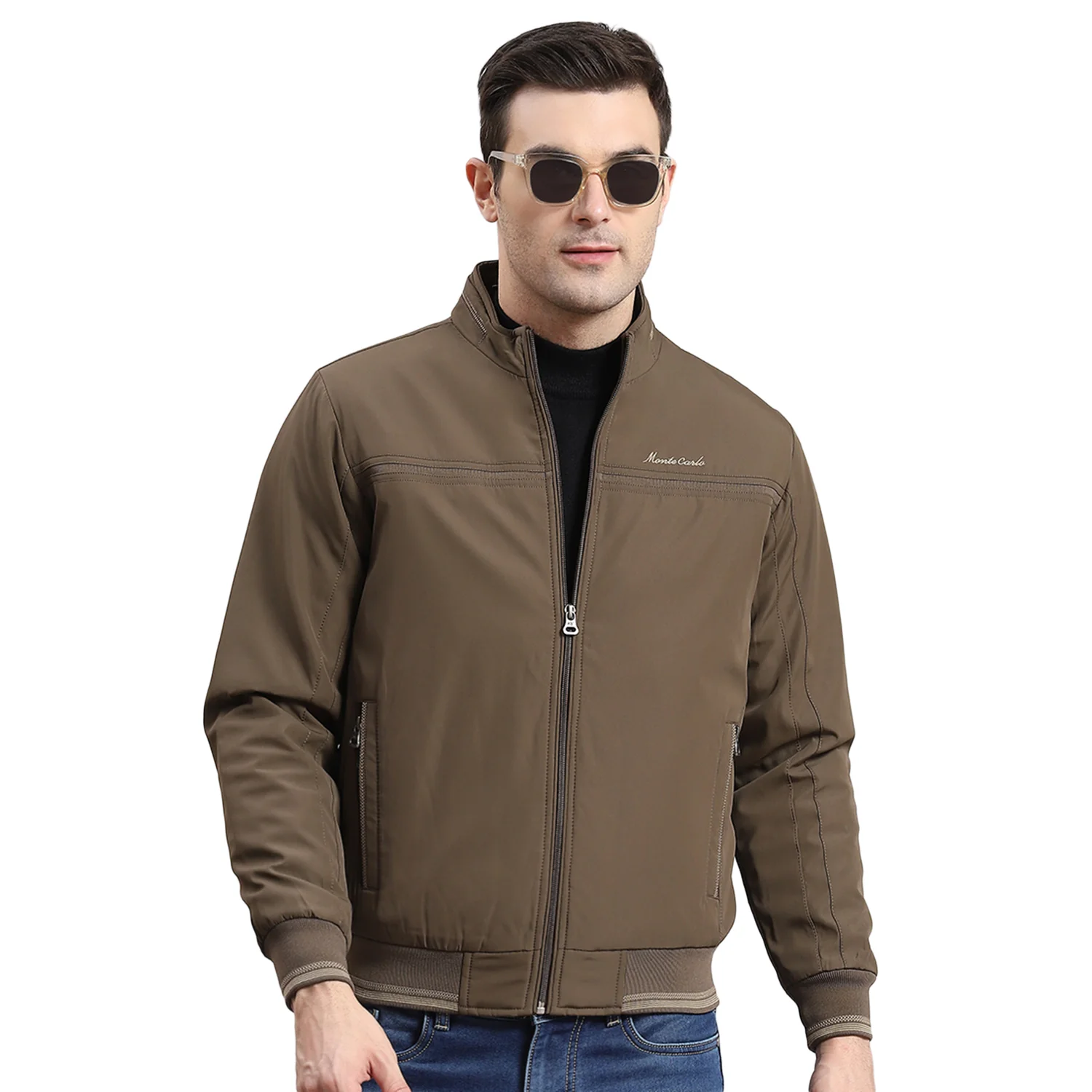 Men Brown Solid Stand Collar Full Sleeve Jacket - Image 5