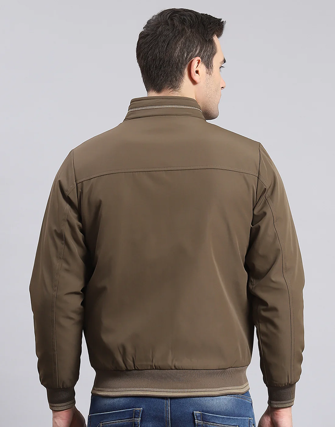 Men Brown Solid Stand Collar Full Sleeve Jacket - Image 6