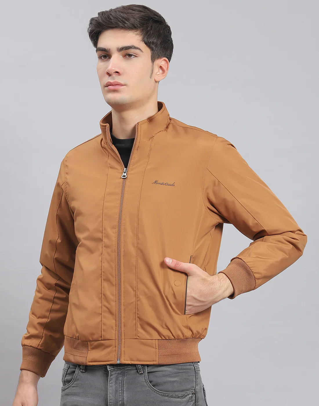 Men Brown Solid Stand Collar Full Sleeve Jacket - Image 3