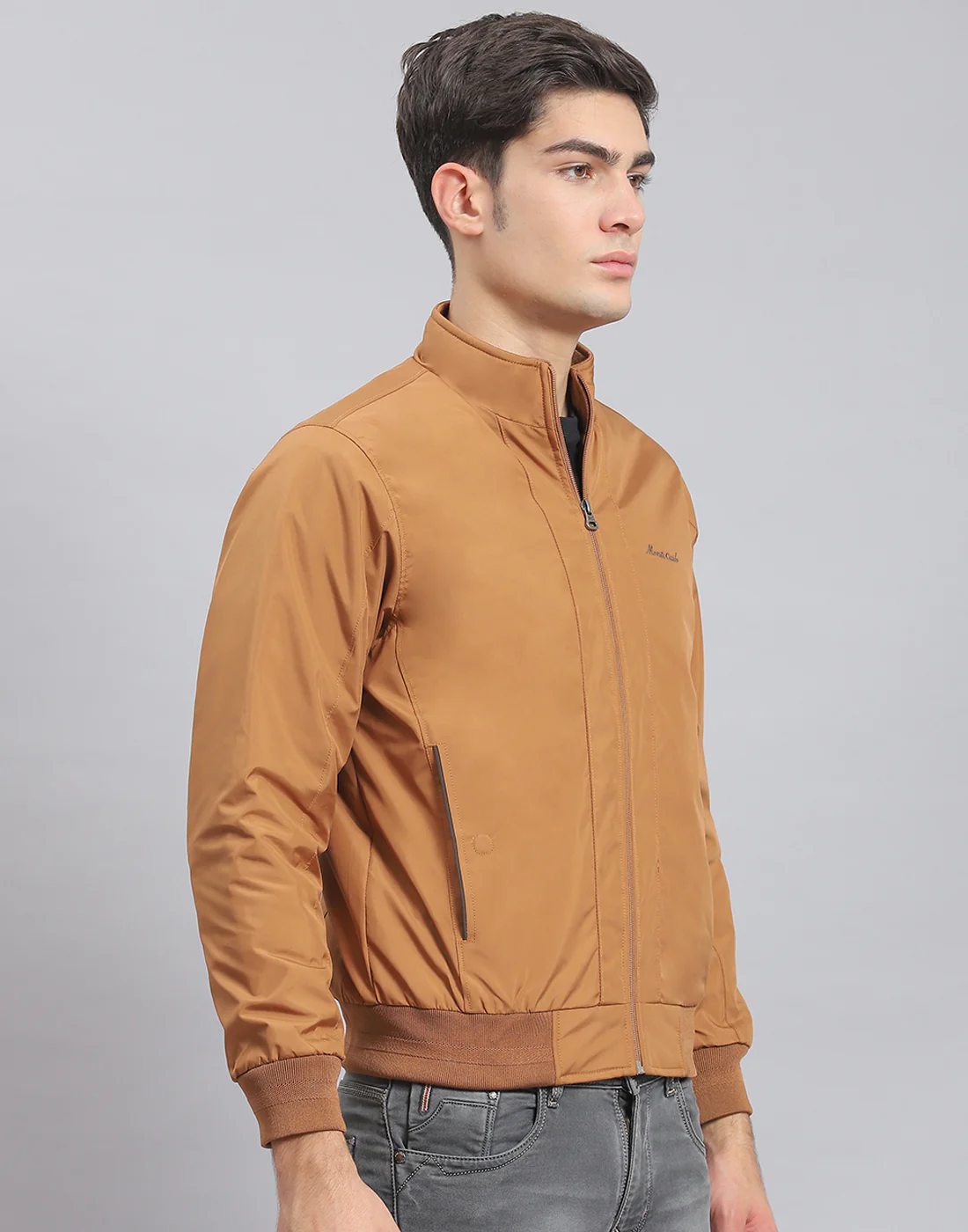 Men Brown Solid Stand Collar Full Sleeve Jacket - Image 4