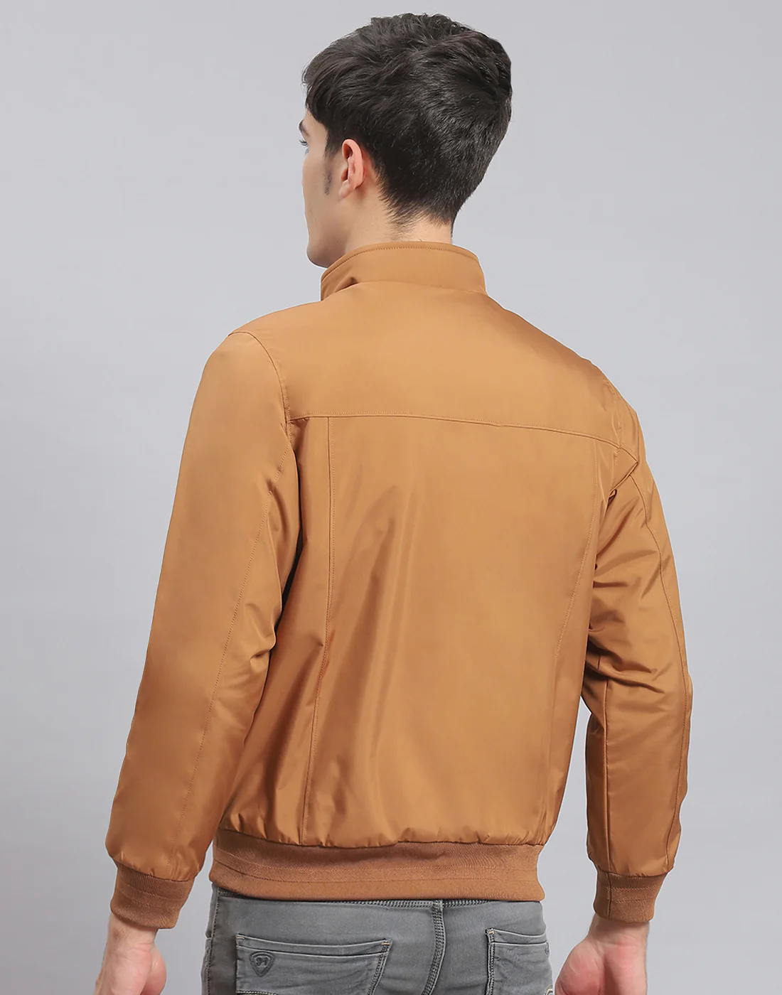 Men Brown Solid Stand Collar Full Sleeve Jacket - Image 5