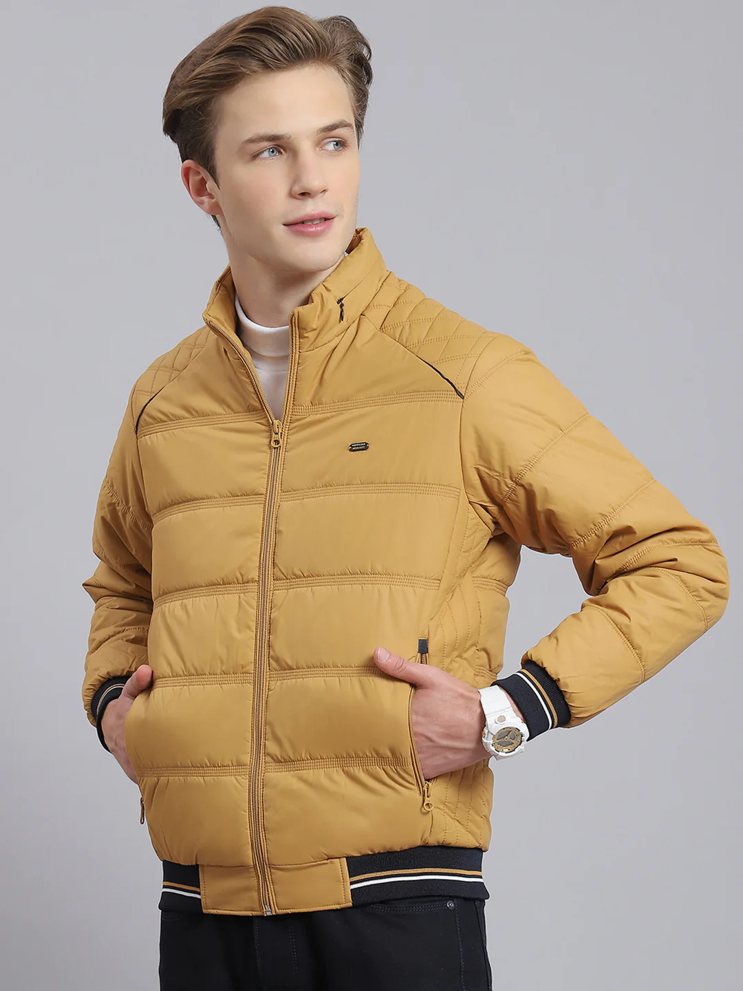 Men Brown Solid Stand Collar Full Sleeve Jacket - Image 4