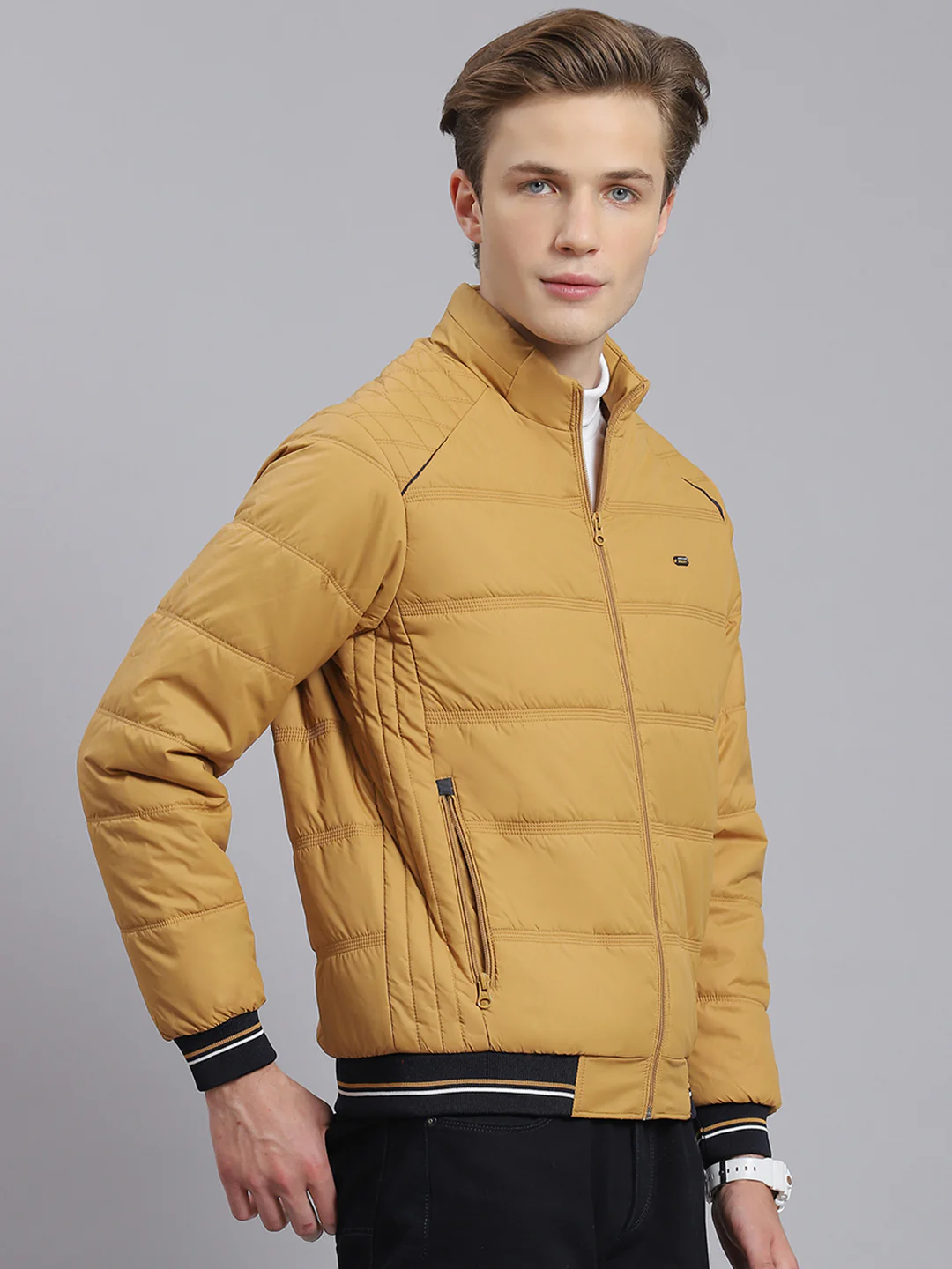 Men Brown Solid Stand Collar Full Sleeve Jacket - Image 5