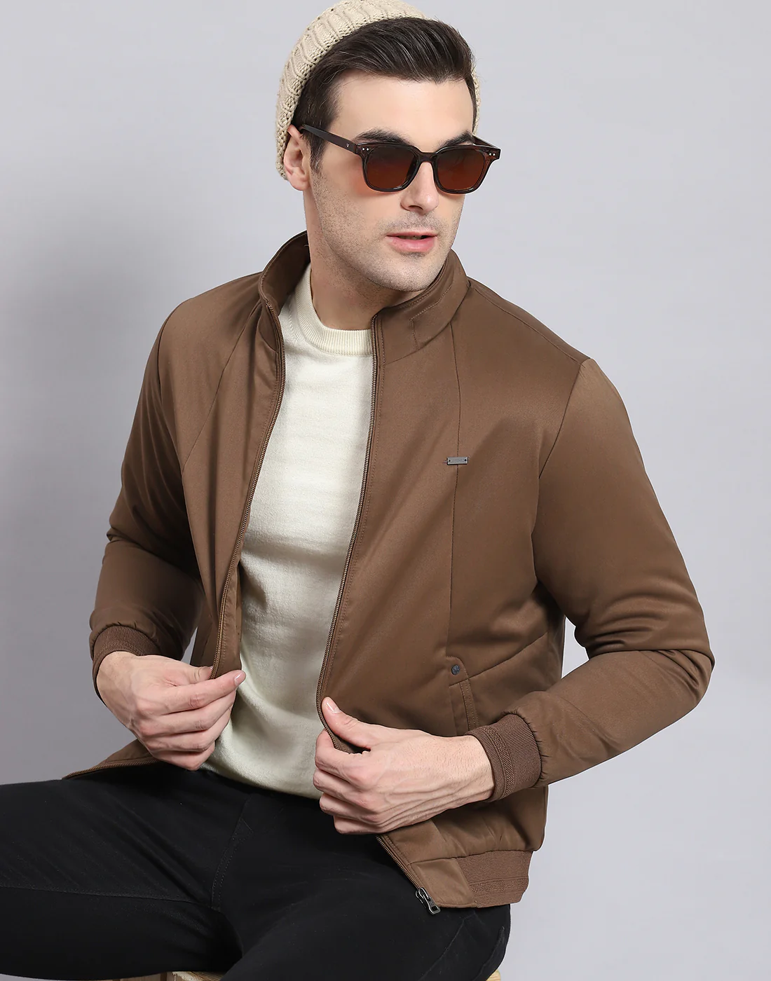 Men Brown Solid Stand Collar Full Sleeve Jacket - Image 2