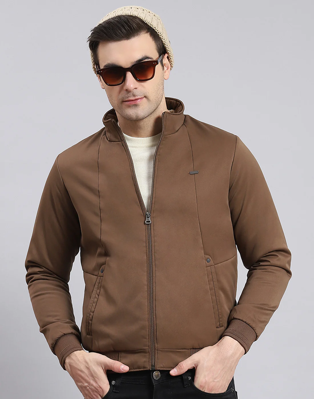 Men Brown Solid Stand Collar Full Sleeve Jacket - Image 3