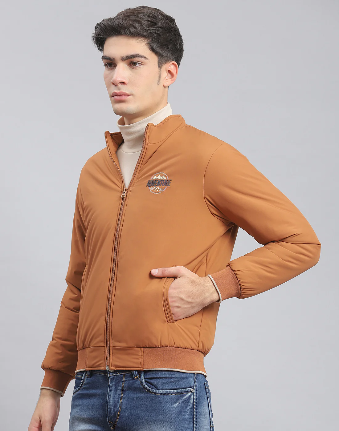 Men Brown Solid Stand Collar Full Sleeve Jacket - Image 3
