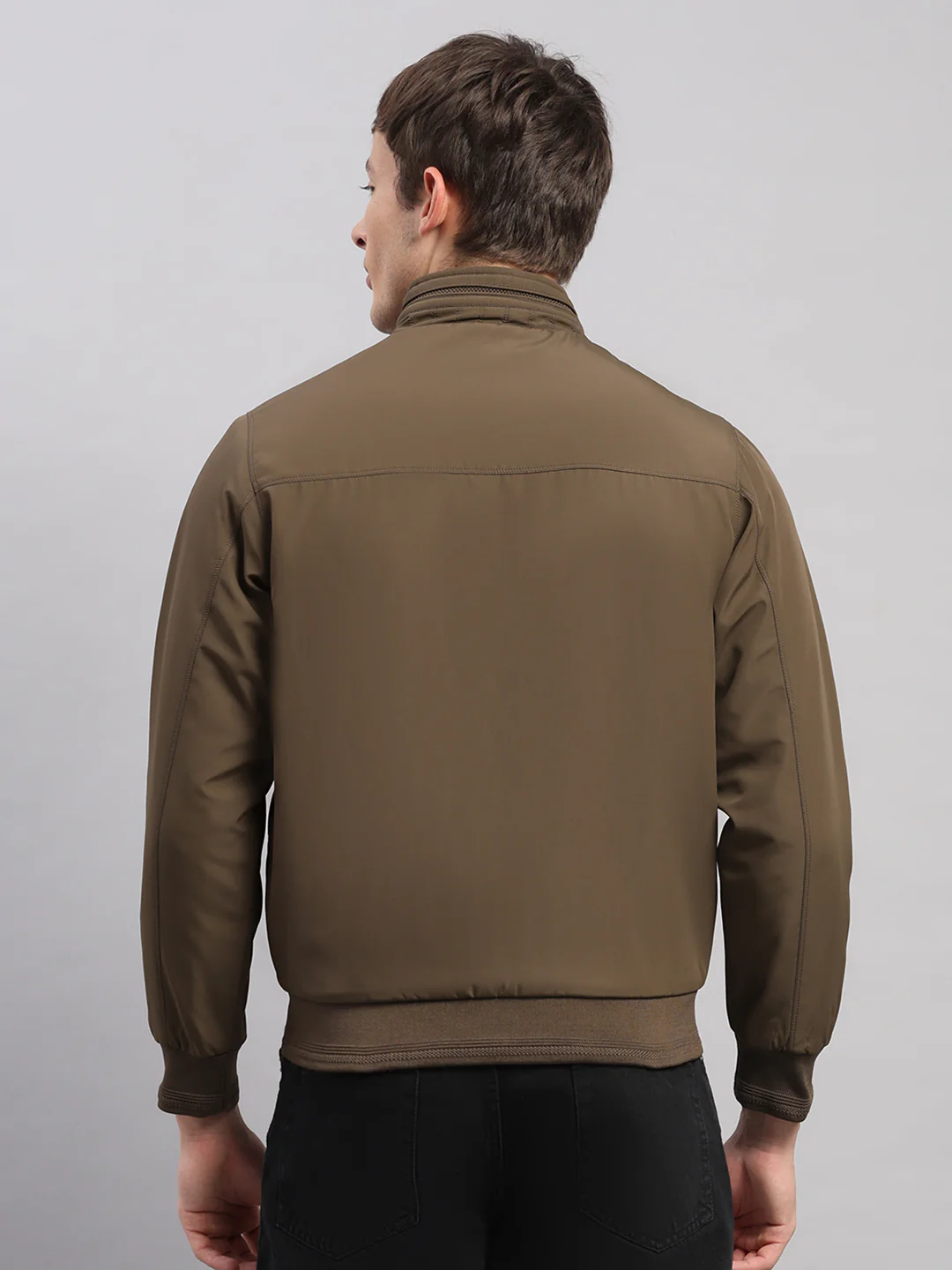 Men Brown Solid Stand Collar Full Sleeve Jacket - Image 5