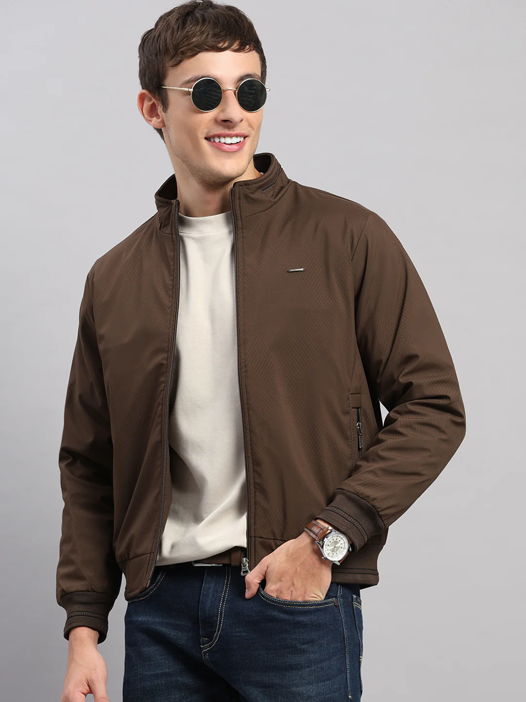 Men Brown Solid Stand Collar Full Sleeve Jacket - Image 6
