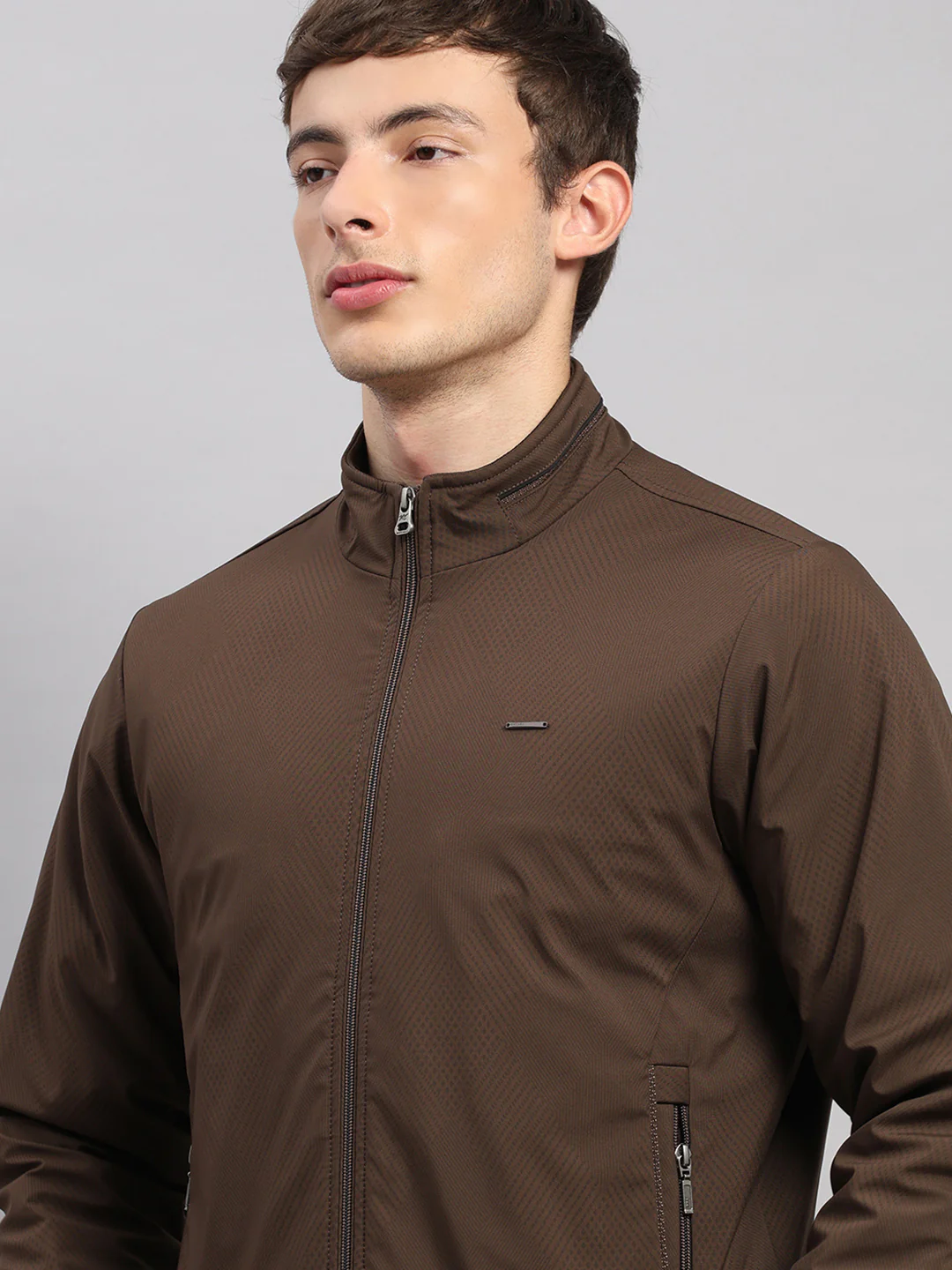 Men Brown Solid Stand Collar Full Sleeve Jacket - Image 7