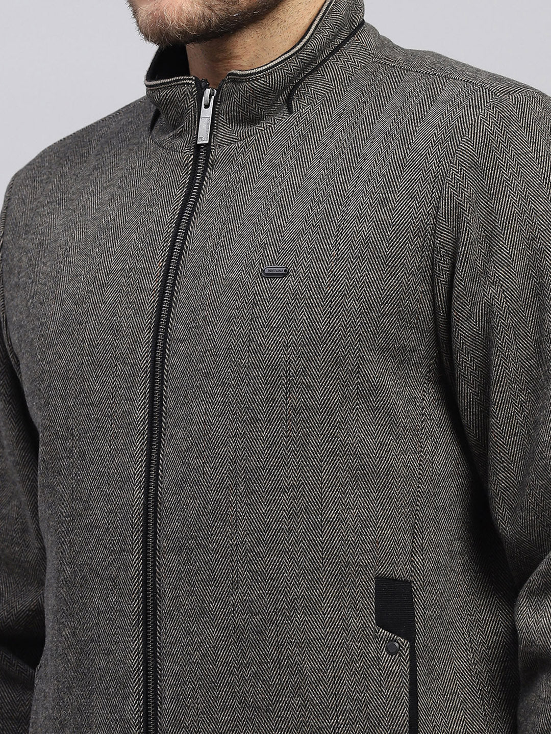 Men Brown Solid Stand Collar Full Sleeve Jacket - Image 6