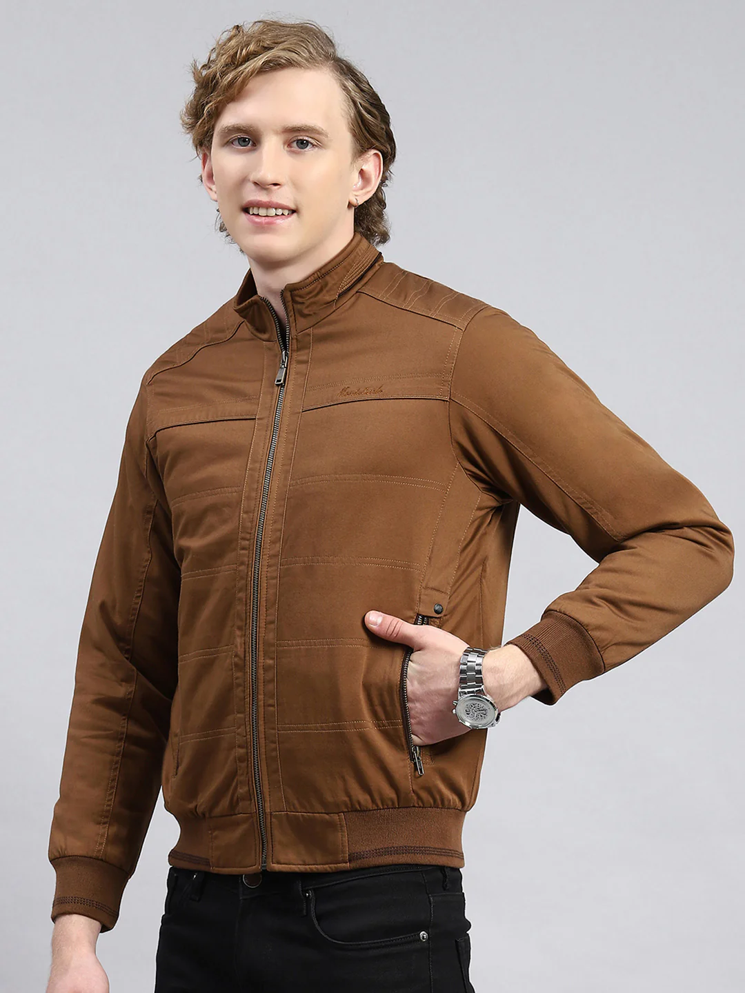 Men Brown Solid Stand Collar Full Sleeve Jackets - Image 3
