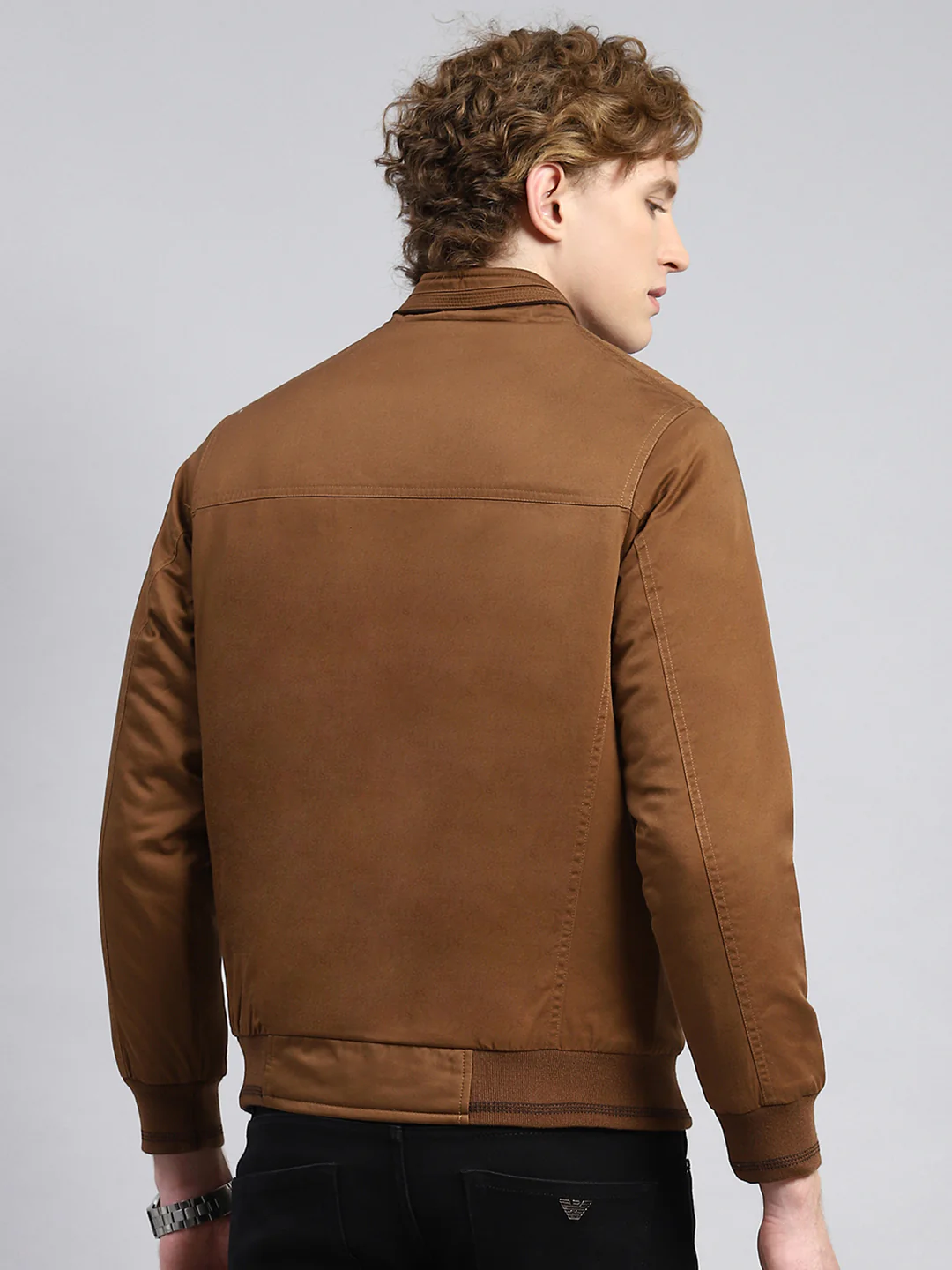 Men Brown Solid Stand Collar Full Sleeve Jackets - Image 5