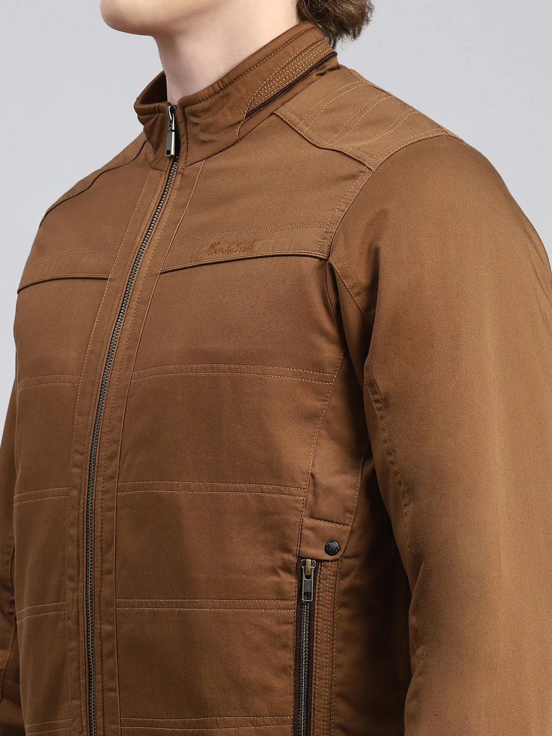 Men Brown Solid Stand Collar Full Sleeve Jackets - Image 6