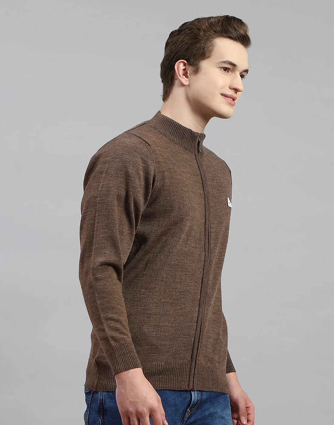 Men Brown Solid Stand Collar Full Sleeve Pullover - Image 4