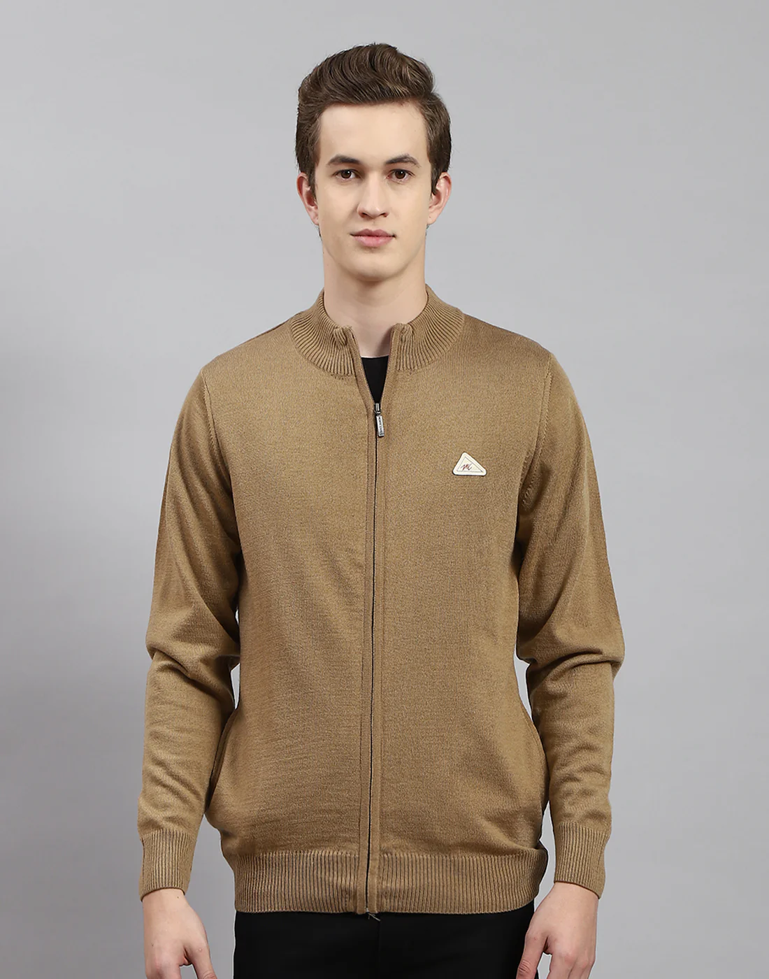 Men Brown Solid Stand Collar Full Sleeve Pullover - Image 2