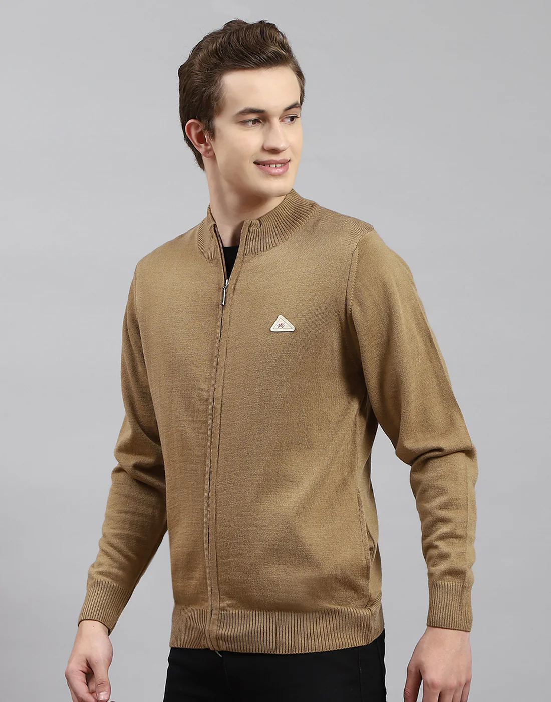 Men Brown Solid Stand Collar Full Sleeve Pullover - Image 3
