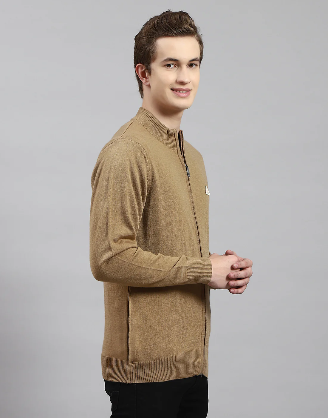 Men Brown Solid Stand Collar Full Sleeve Pullover - Image 4
