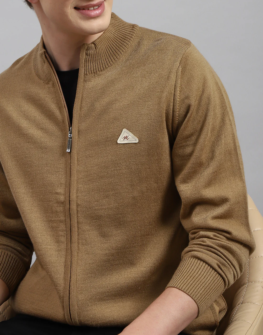 Men Brown Solid Stand Collar Full Sleeve Pullover - Image 7
