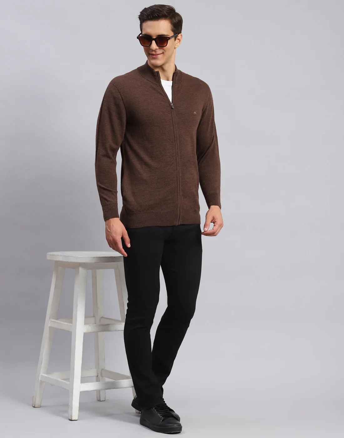 Men Brown Solid Stand Collar Full Sleeve Pullover - Image 2
