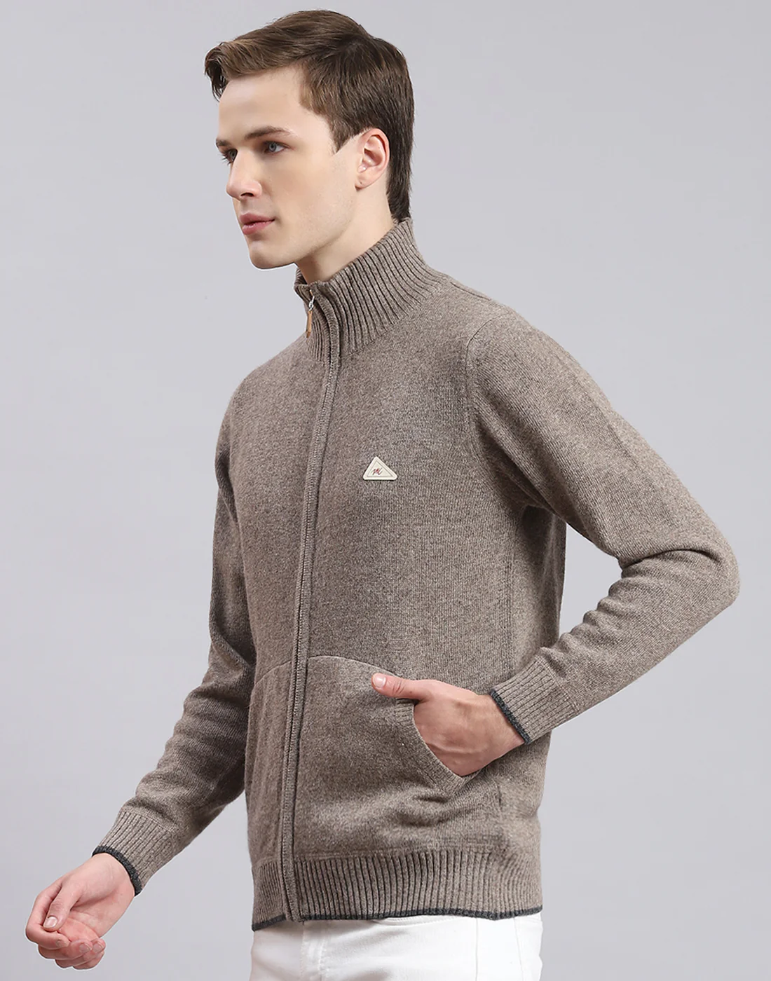 Men Brown Solid Stand Collar Full Sleeve Sweater - Image 3