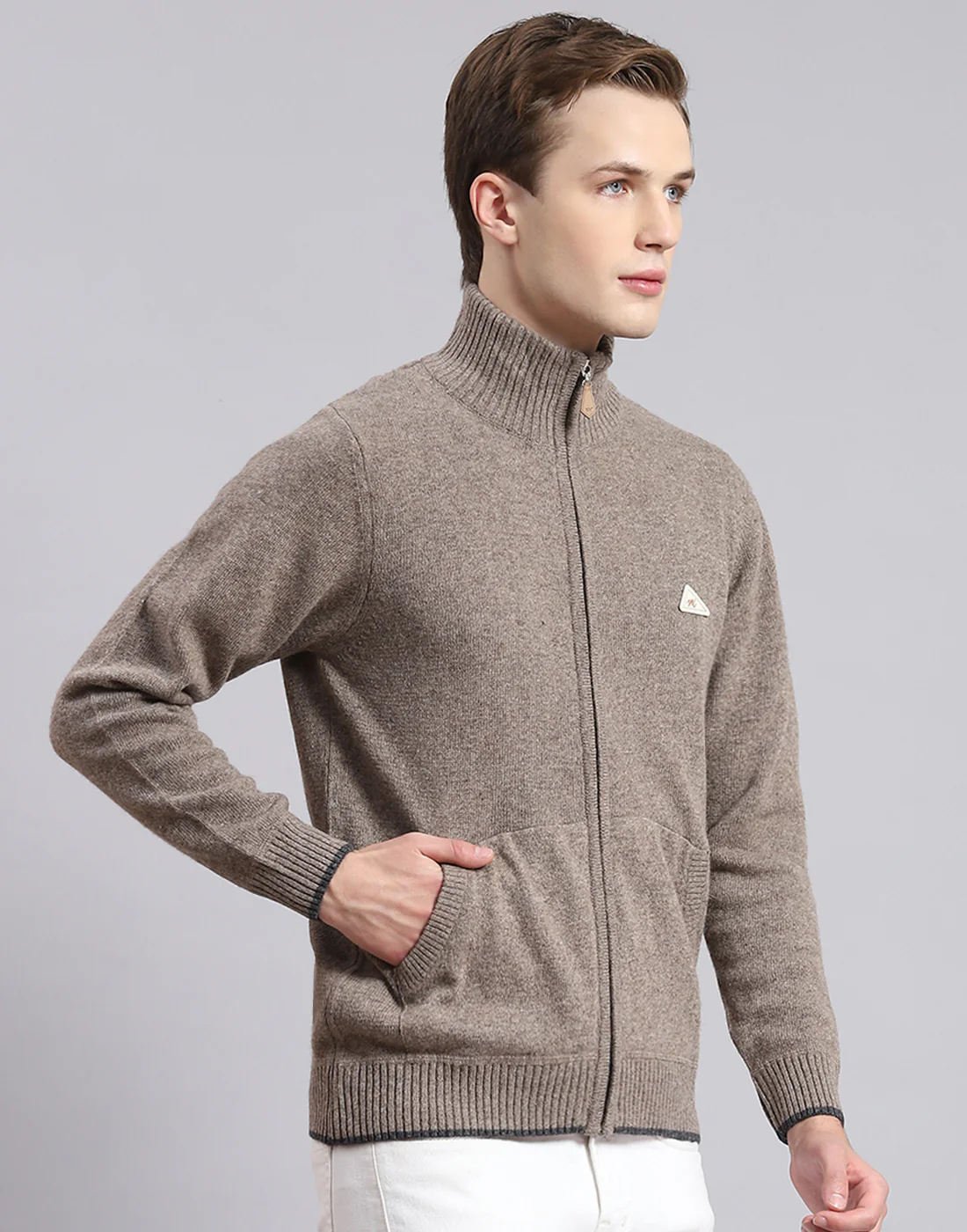 Men Brown Solid Stand Collar Full Sleeve Sweater - Image 4