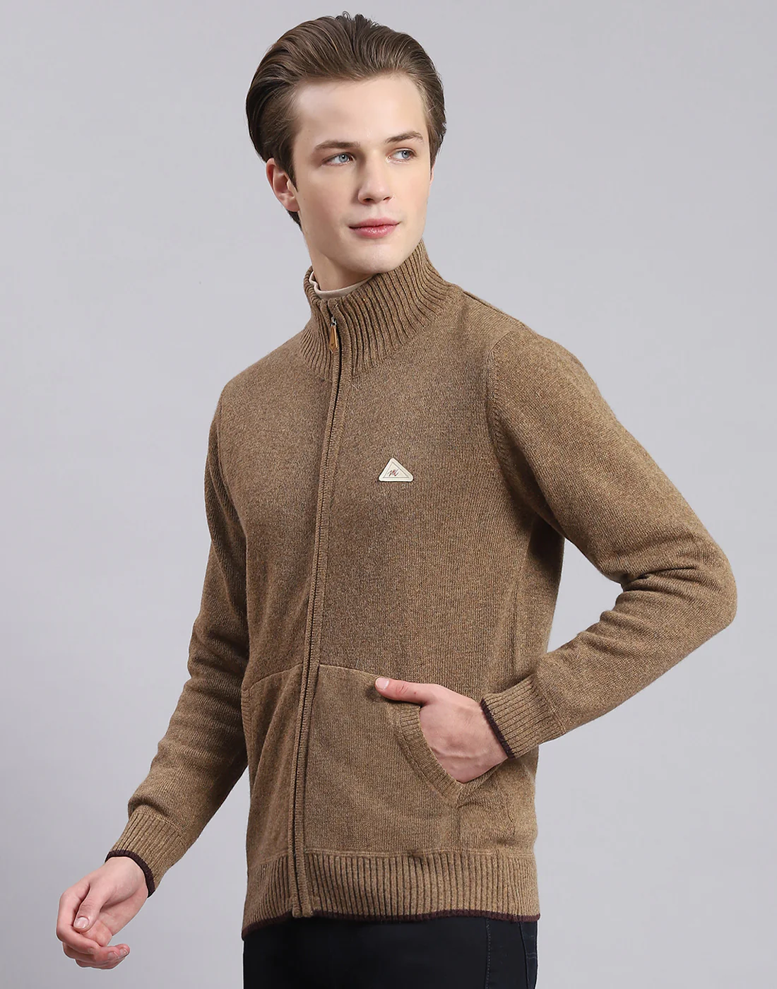 Men Brown Solid Stand Collar Full Sleeve Sweater - Image 4