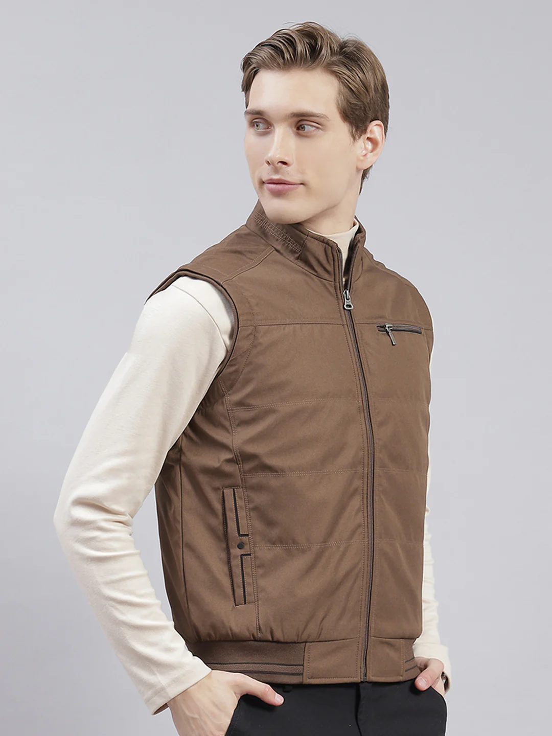 Men Brown Solid Stand Collar Sleeveless Jackets - Image 6