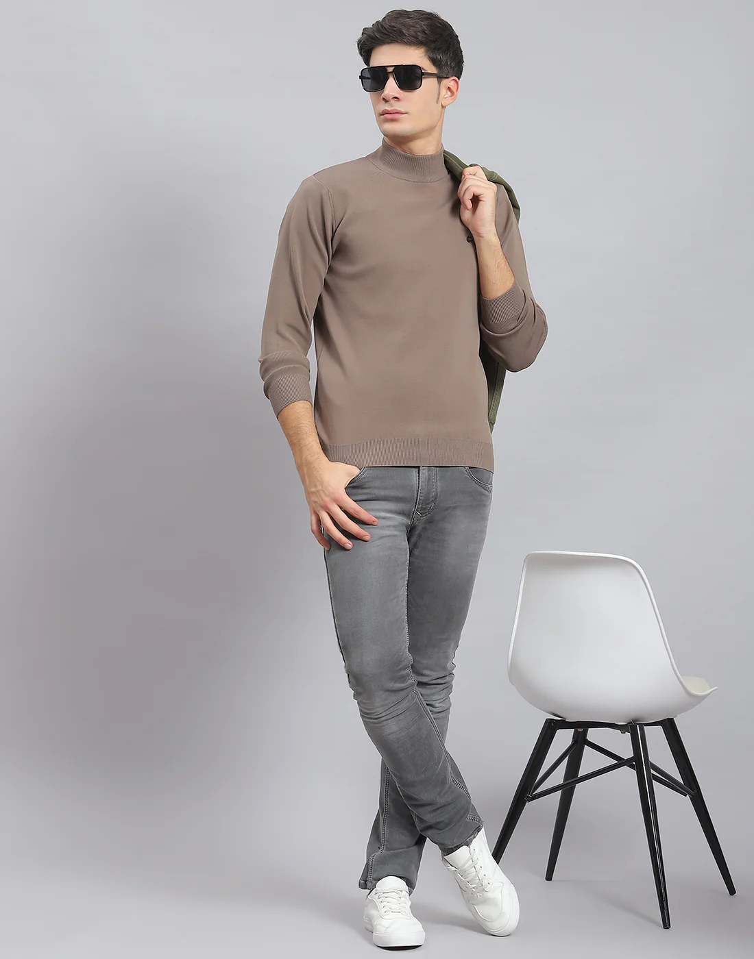 Men Brown Solid T Neck Full Sleeve Sweater - Image 2