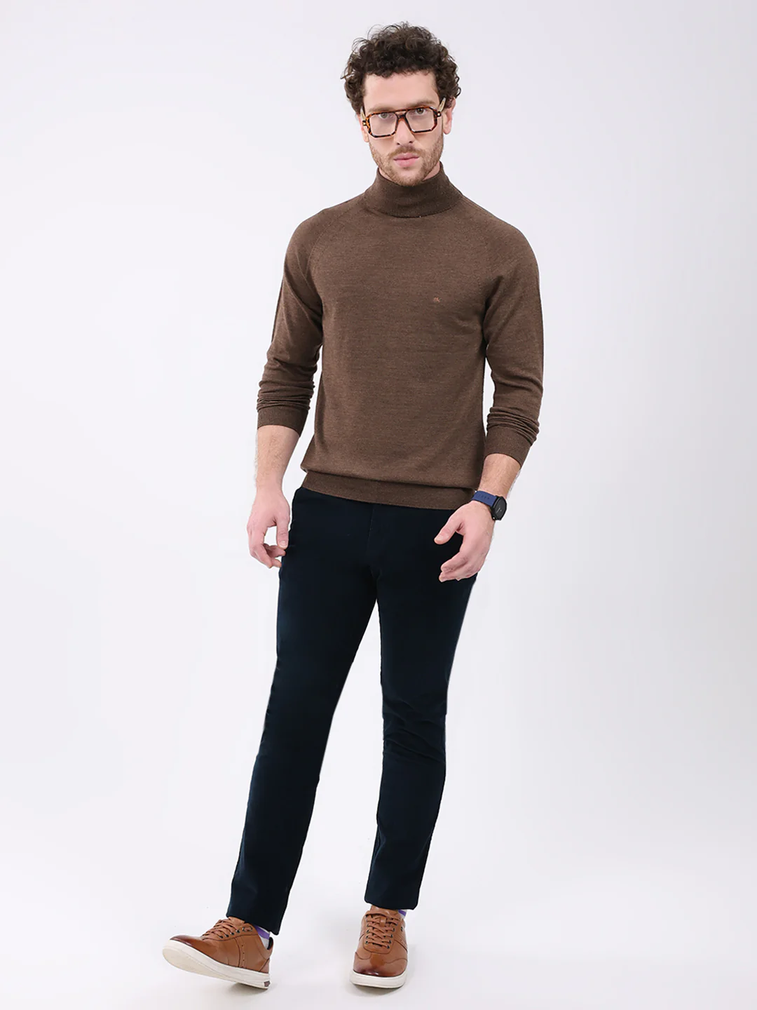 Men Brown Solid Turtle Neck Full Sleeve Pullover - Image 2