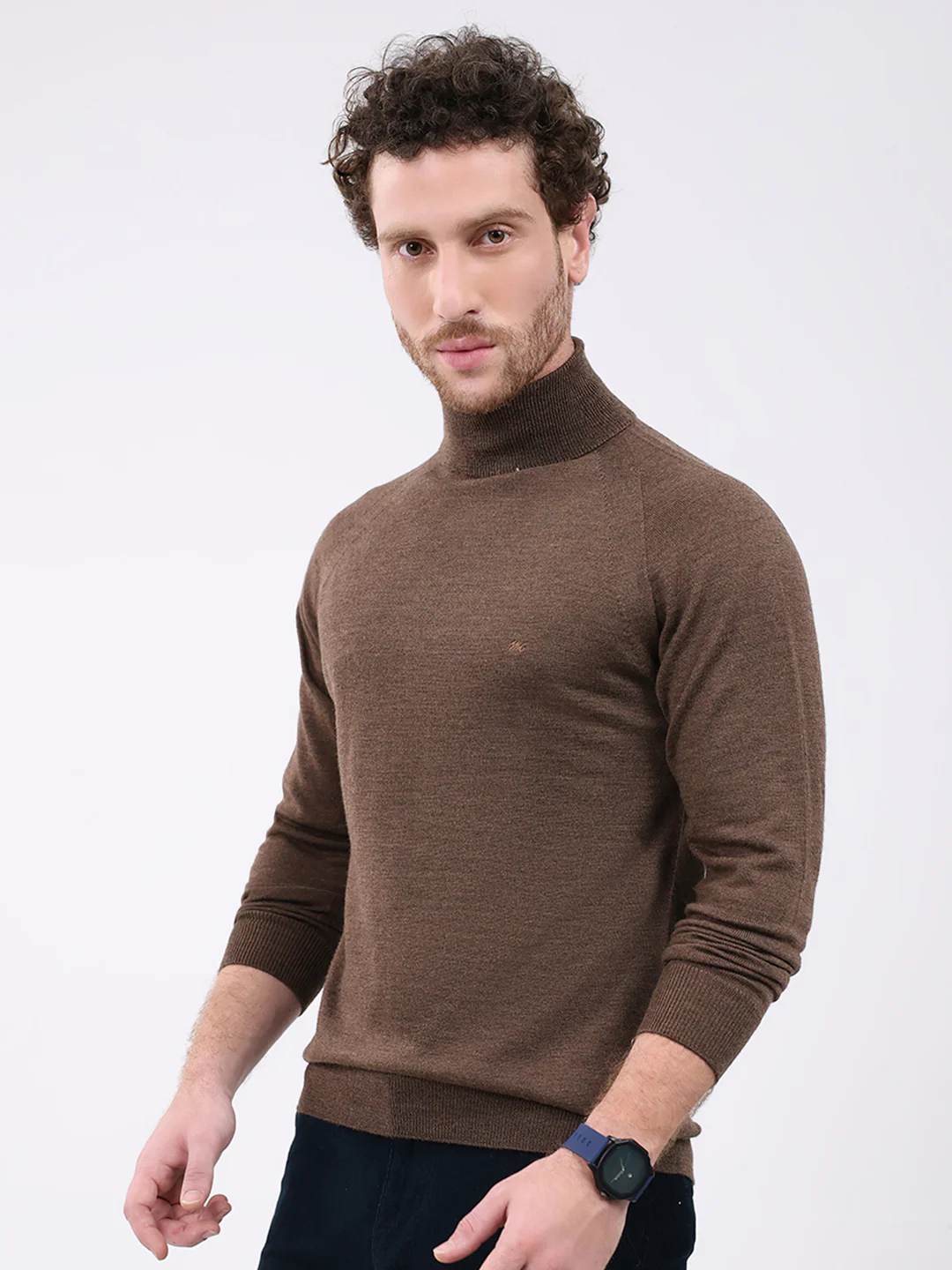 Men Brown Solid Turtle Neck Full Sleeve Pullover - Image 3