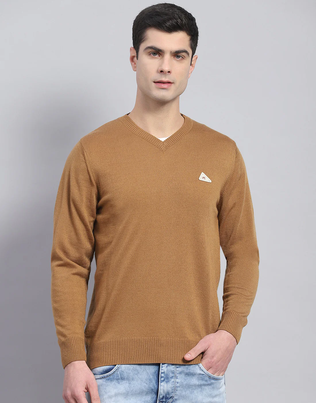 Men Brown Solid V Neck Full Sleeve Pullover - Image 2
