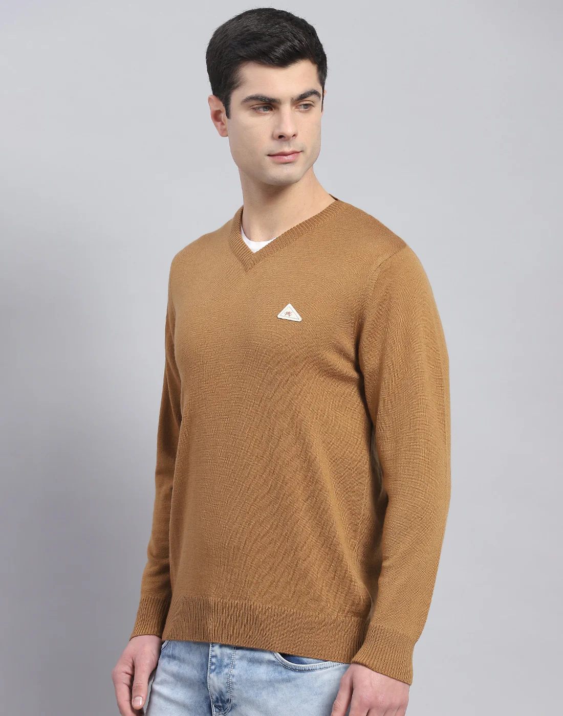 Men Brown Solid V Neck Full Sleeve Pullover - Image 3