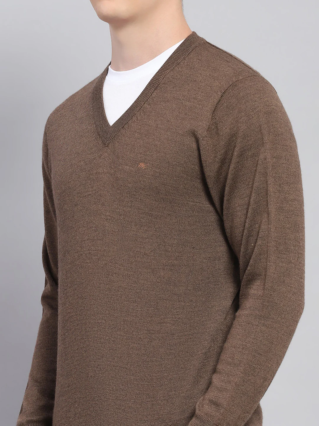 Men Brown Solid V Neck Full Sleeve Pullover - Image 6