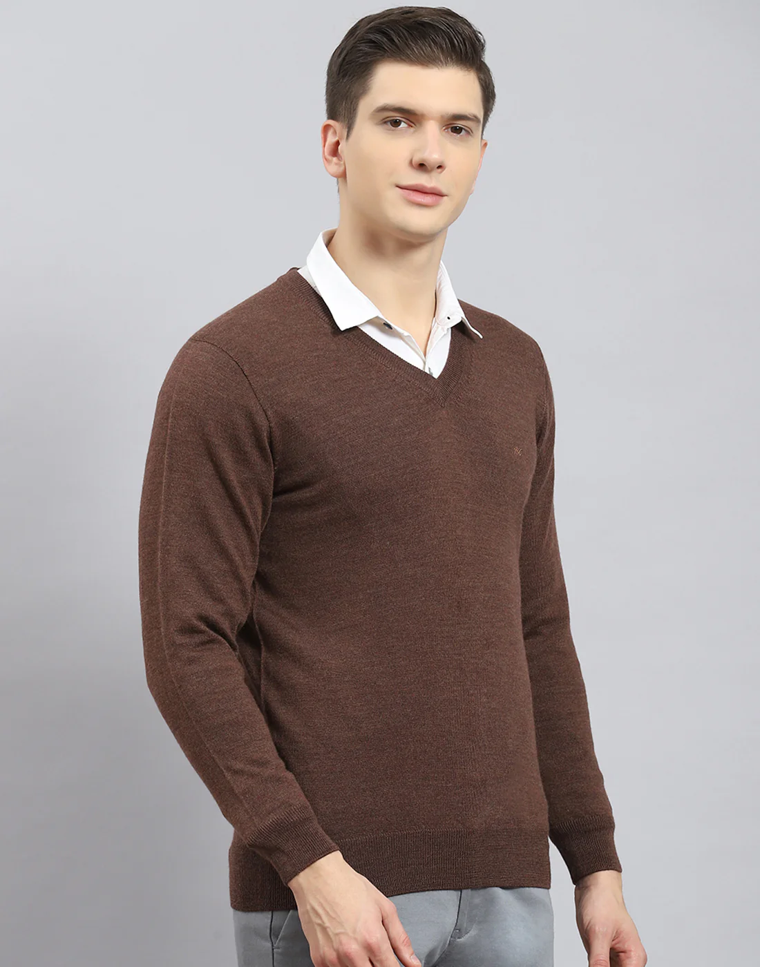 Men Brown Solid V Neck Full Sleeve Pullover - Image 5