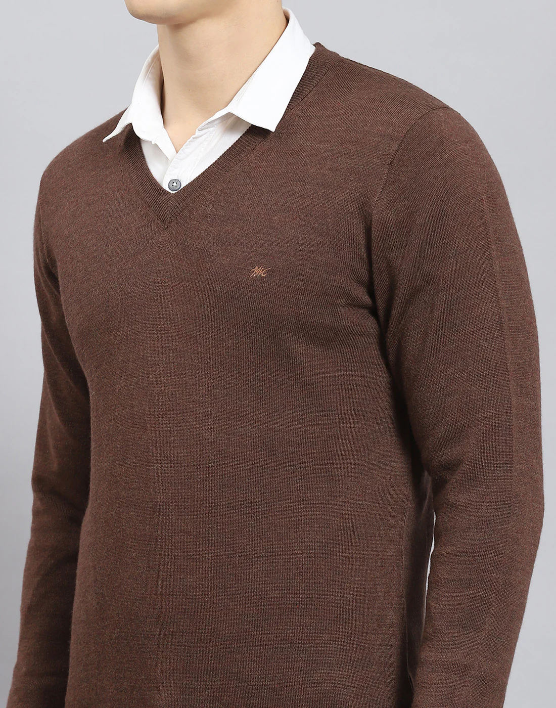 Men Brown Solid V Neck Full Sleeve Pullover - Image 6