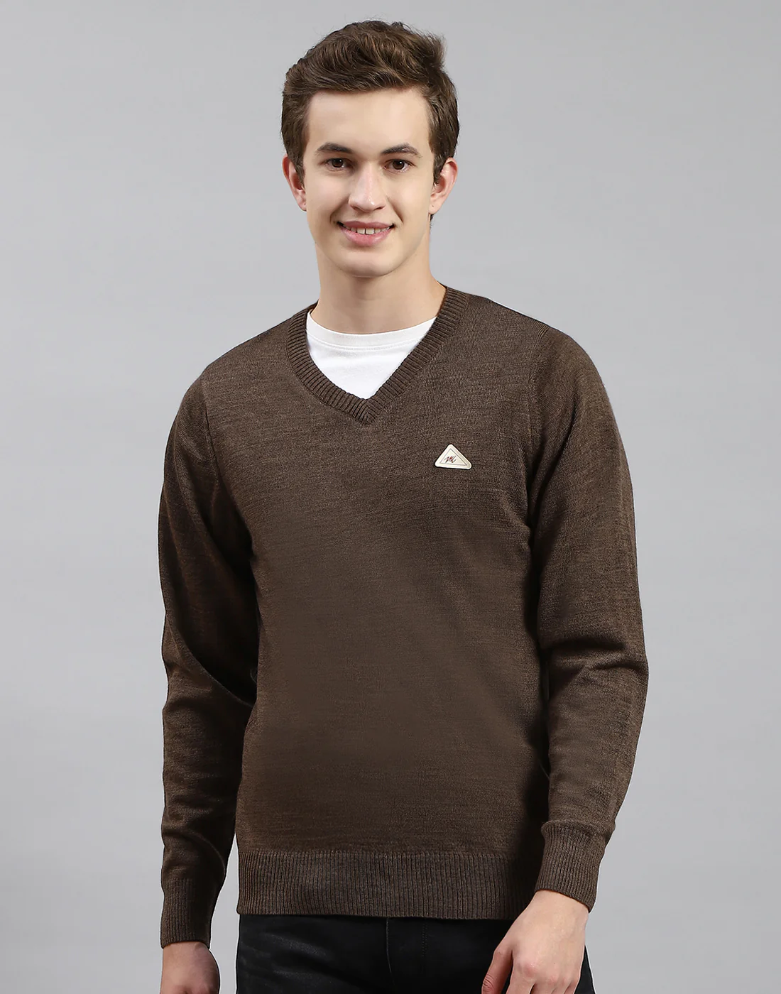 Men Brown Solid V Neck Full Sleeve Pullover - Image 2