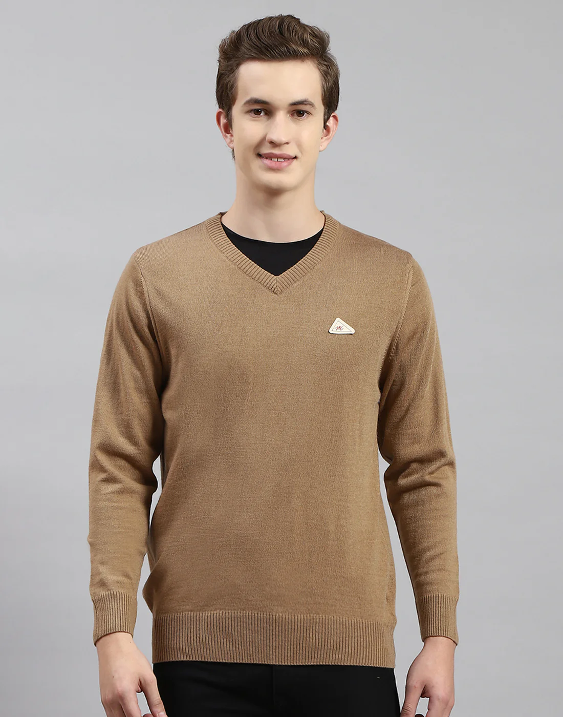 Men Brown Solid V Neck Full Sleeve Pullover - Image 3