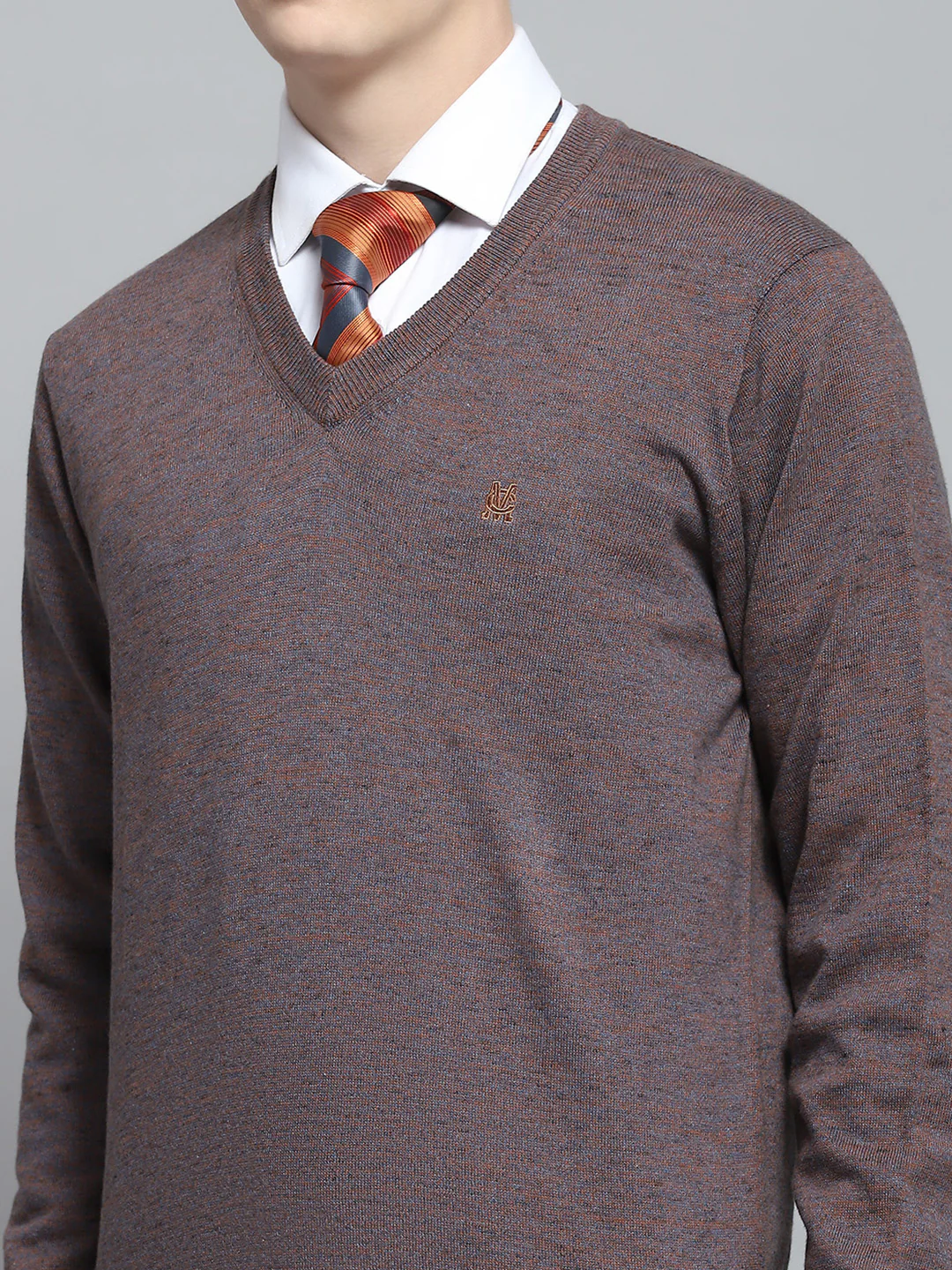 Men Brown Solid V Neck Full Sleeve Pullover - Image 6