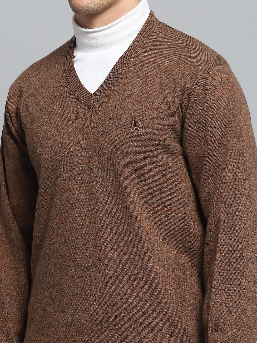 Men Brown Solid V Neck Full Sleeve Pullover - Image 6