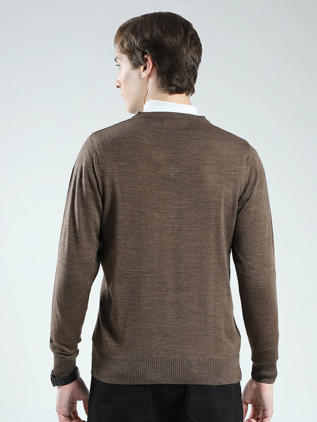 Men Brown Solid V Neck Full Sleeve Pullover - Image 5