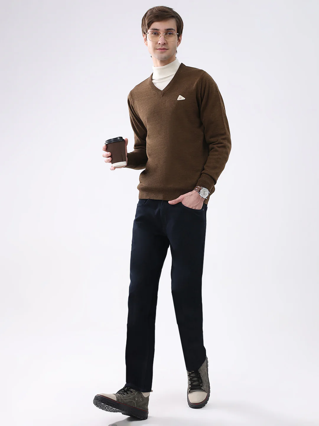Men Brown Solid V Neck Full Sleeve Pullover - Image 2