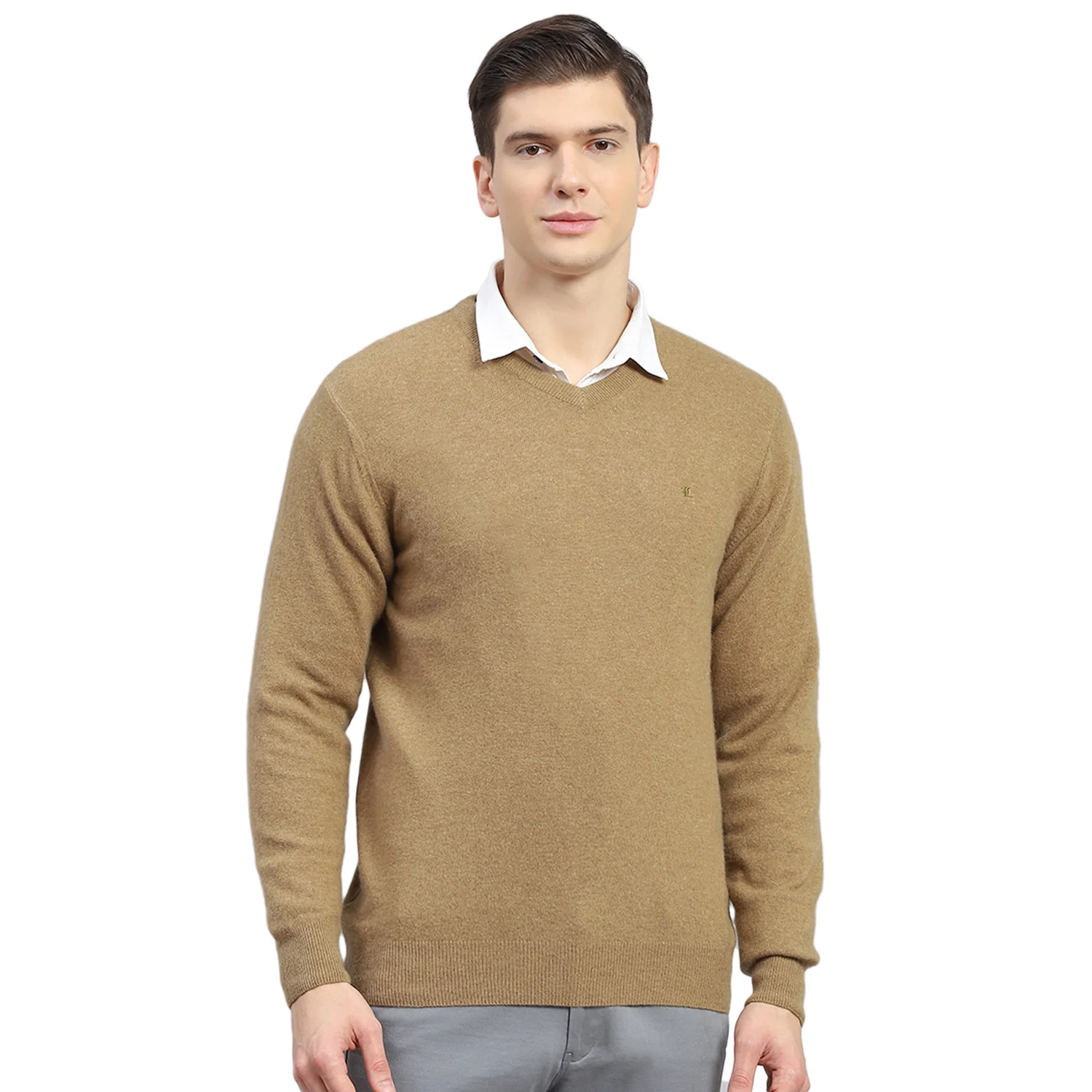 Men Brown Solid V Neck Full Sleeve Sweater - Image 5