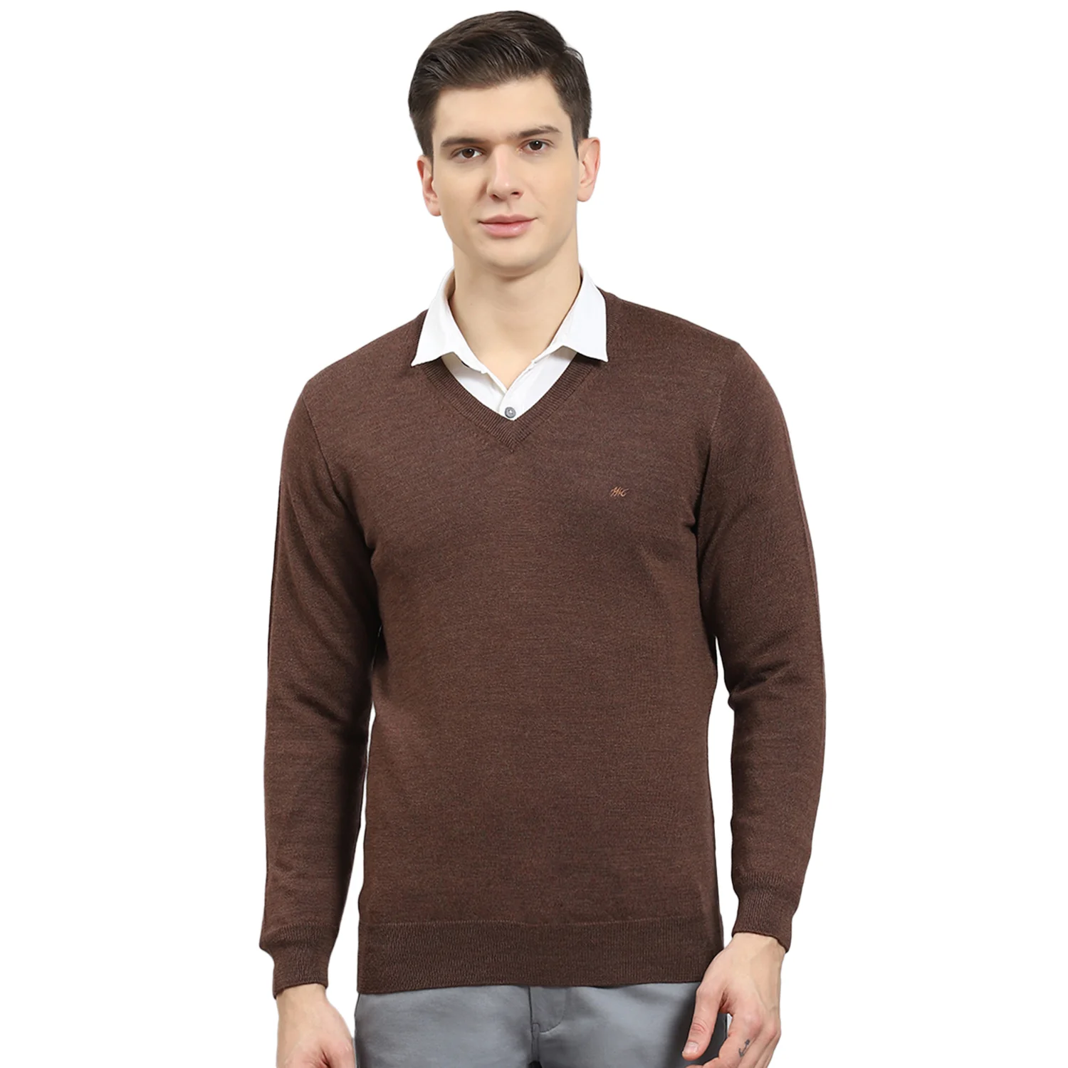 Men Brown Solid V Neck Full Sleeve Sweater - Image 5