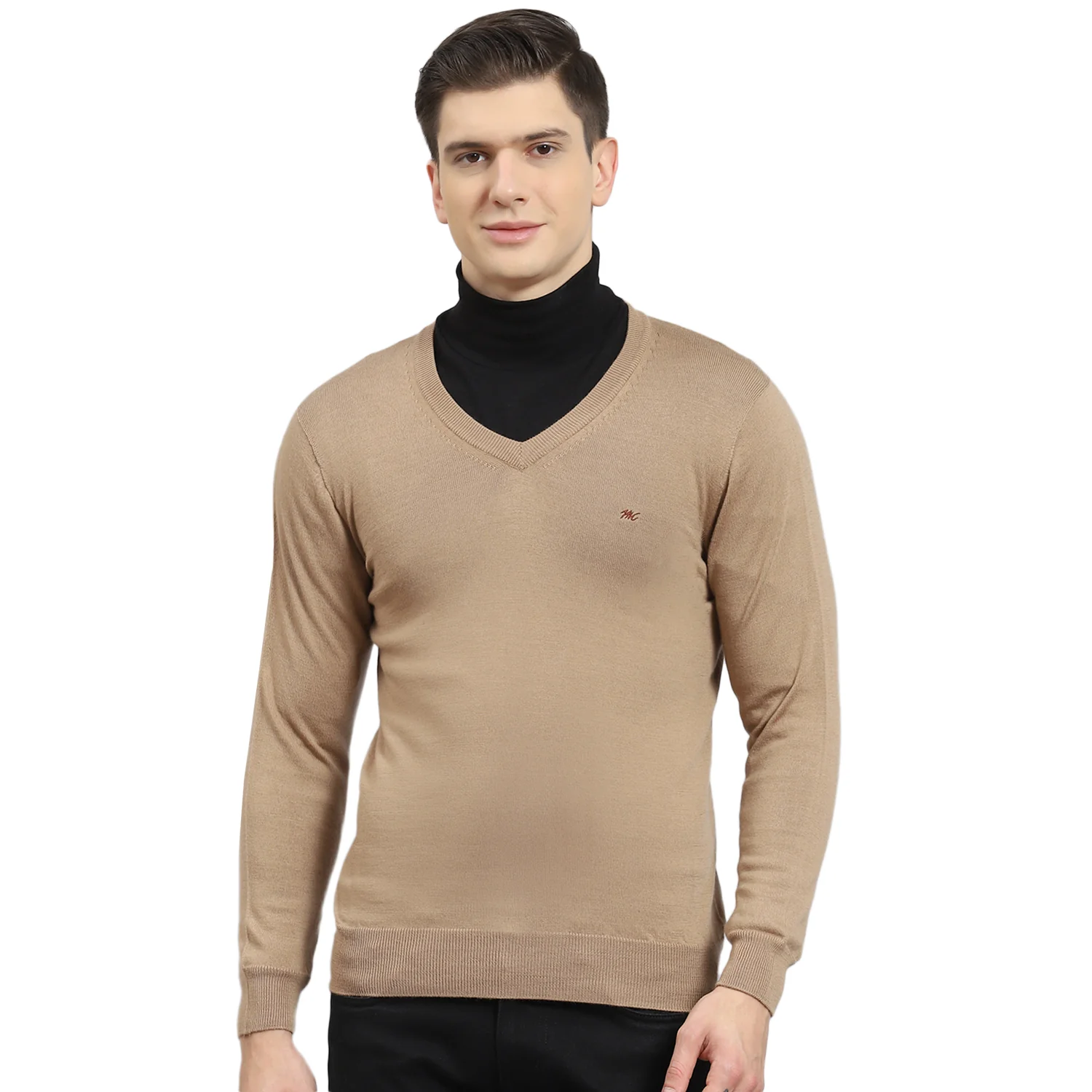 Men Brown Solid V Neck Full Sleeve Sweater - Image 5