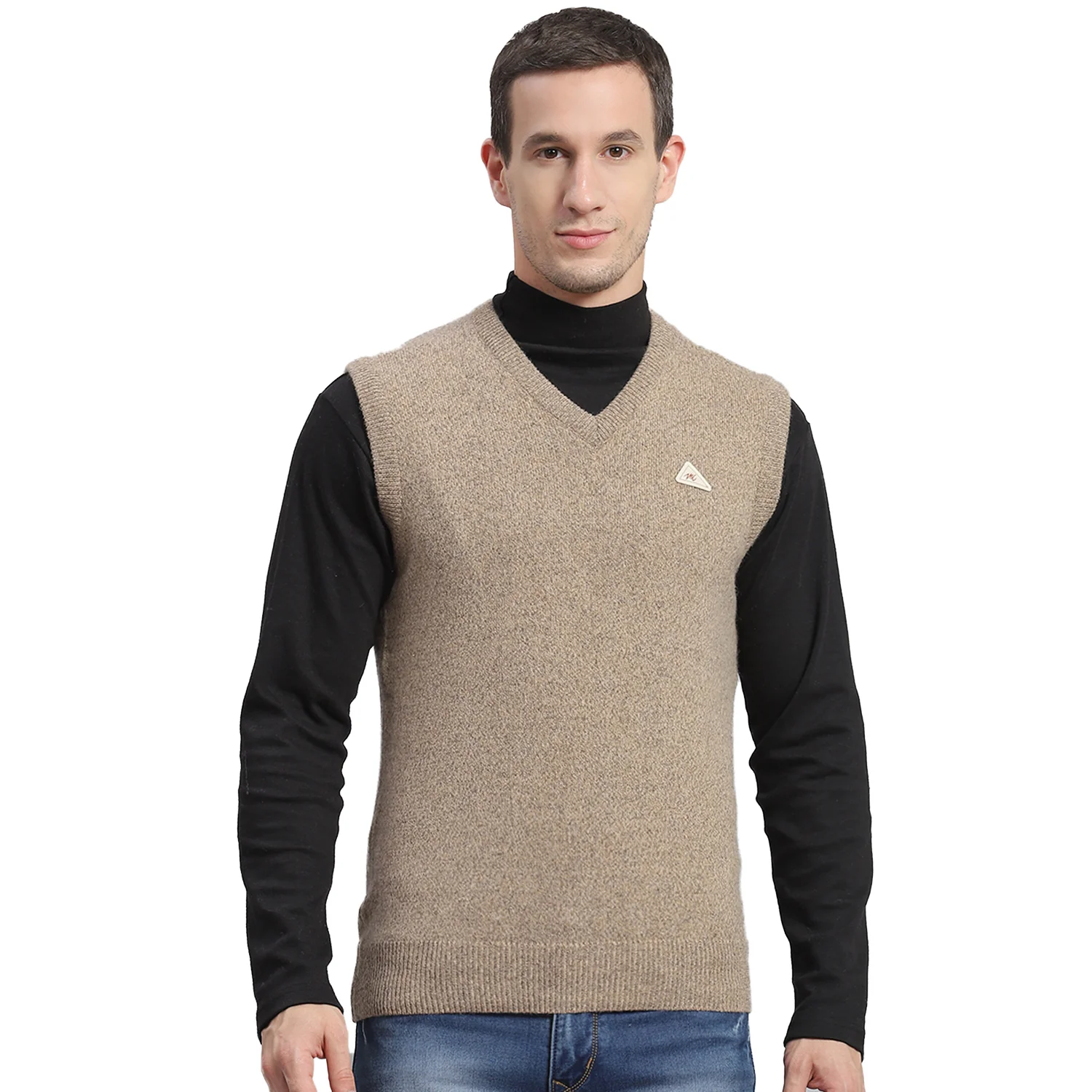 Men Brown Solid V Neck Sleeveless Sweater - Image 5